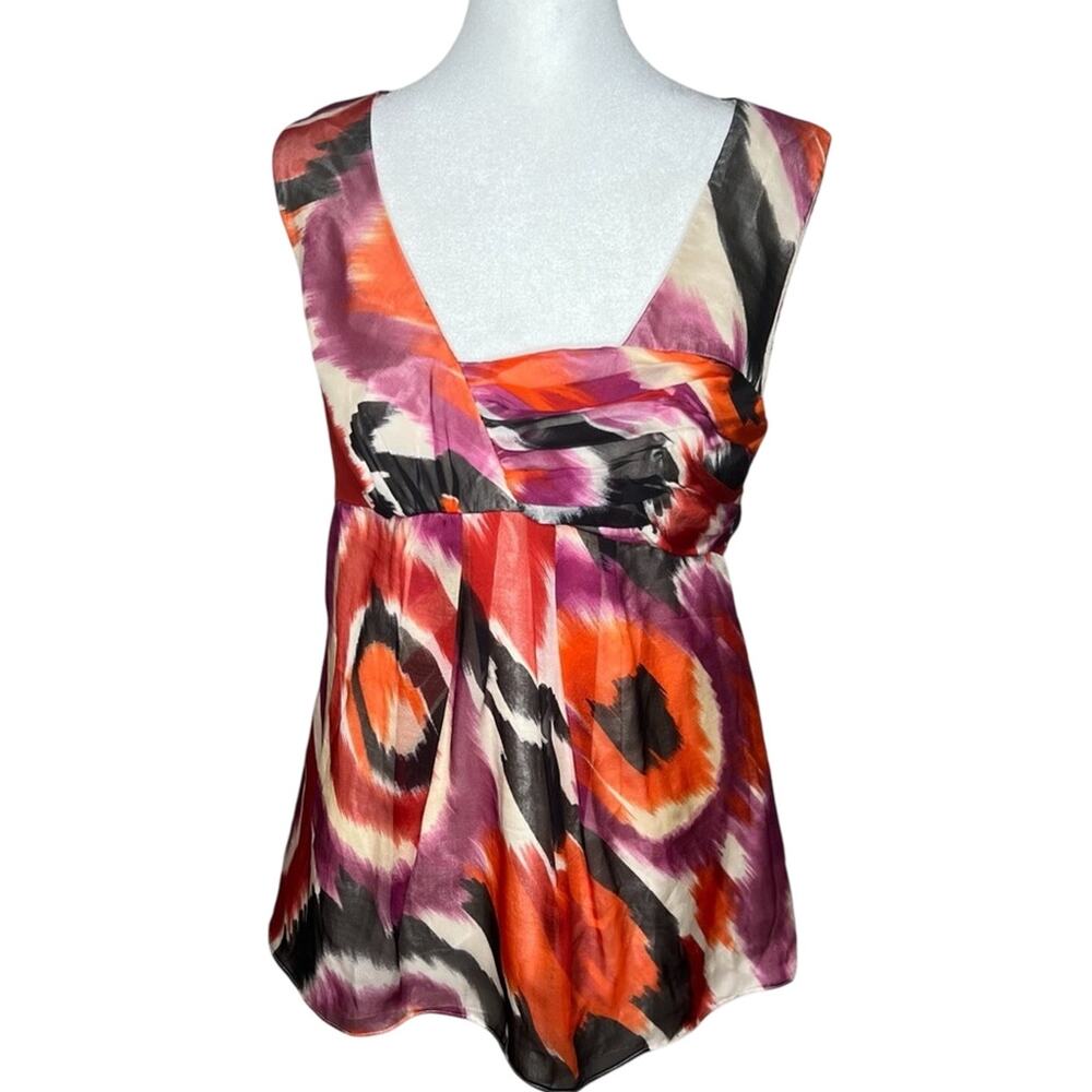 Cynthia Steffe Silk Abstract Babydoll Blouse 8 Sleeveless Tie Waist Boho Top